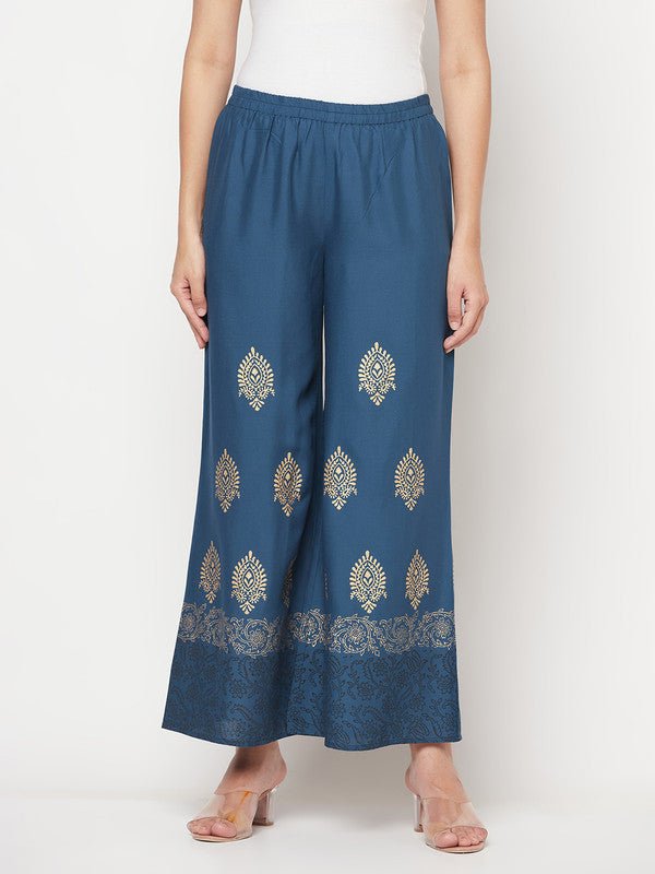 Aniyah Rayon Block Print Flared Slip-on Blue Palazzo | Grab2Buy