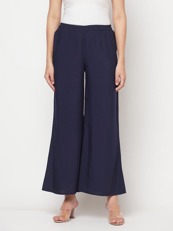 Aniyah Rayon Flared Slip-On Navy Blue Palazzo | Grab2Buy