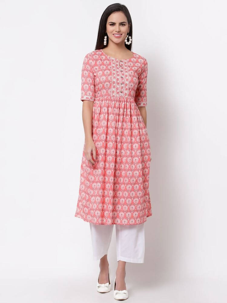 Myshka Women's Pink Printed 3/4 Sleeve Cotton Round Neck Dress | Grab2Buy