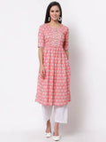 Myshka Women's Pink Printed 3/4 Sleeve Cotton Round Neck Dress | Grab2Buy