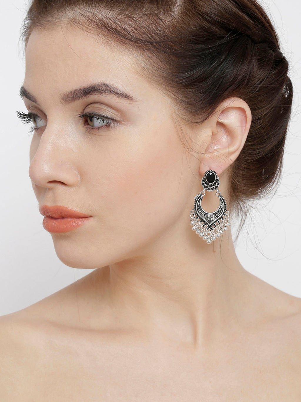 Shining Diva Silver-Toned Contemporary Chandbali Earrings | Grab2Buy
