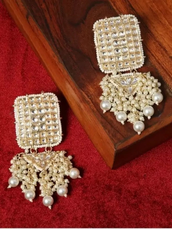 Tehzeeb Creations Jewellery Gold Tone Jadau Kundan & Pearls Large Drop Earrings For Women & Girls | Grab2Buy