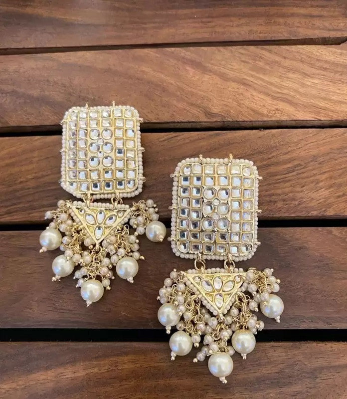 Tehzeeb Creations Jewellery Gold Tone Jadau Kundan & Pearls Large Drop Earrings For Women & Girls | Grab2Buy