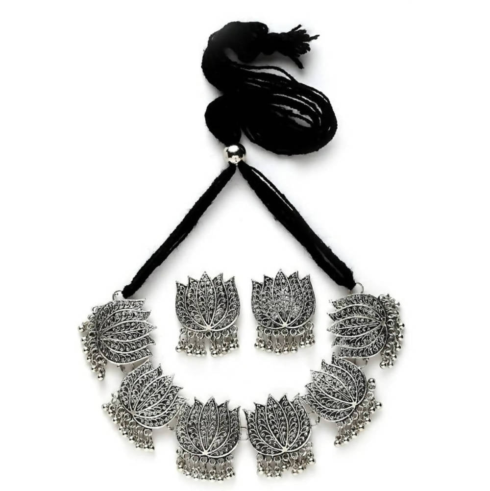 Mominos Fashion Oxidised Lotus Design Silver Color Necklace Choker Set | Grab2Buy