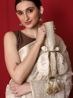 Masq Off White & Gold-Toned Embellished Embroidered Potli Clutch | Grab2Buy