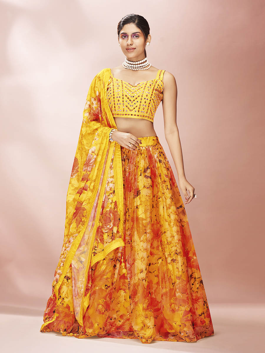 Myra Yellow Art Silk Embroidered Mirror Work Lehenga For Women | Grab2Buy