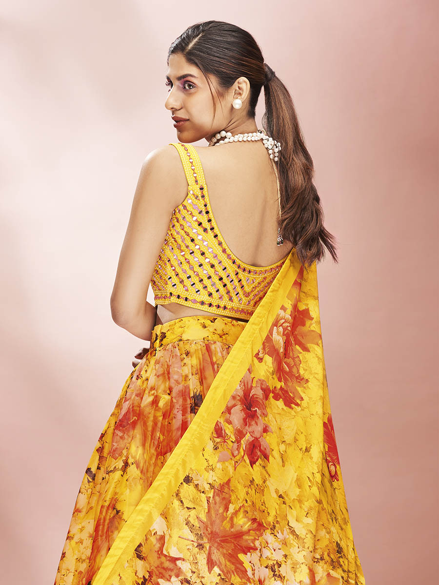 Myra Yellow Art Silk Embroidered Mirror Work Lehenga For Women | Grab2Buy