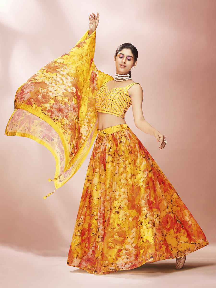 Myra Yellow Art Silk Embroidered Mirror Work Lehenga For Women | Grab2Buy