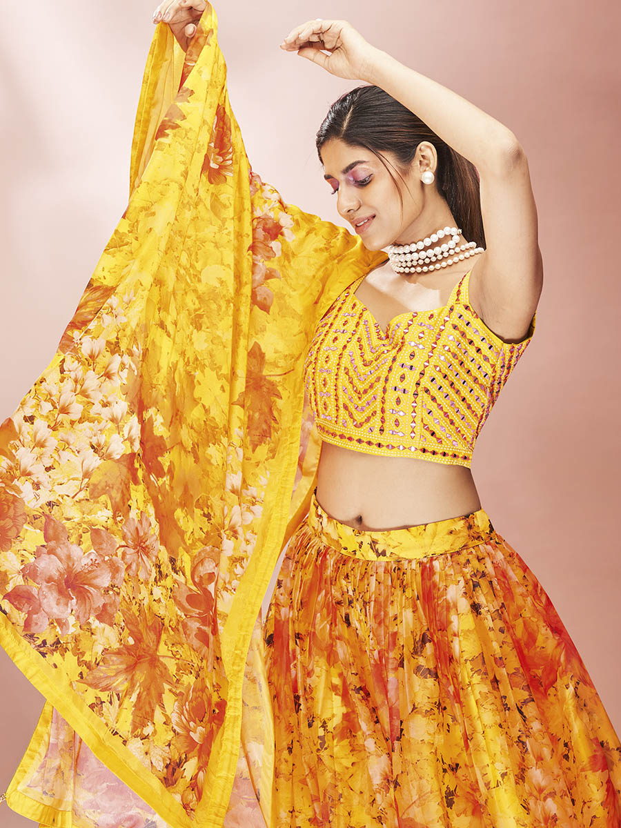 Myra Yellow Art Silk Embroidered Mirror Work Lehenga For Women | Grab2Buy