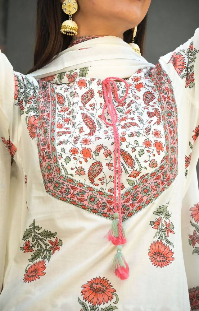 Yufta Women White Floral Printed Regular Pure Cotton Kurta with Trouser & With Dupatta | Grab2Buy