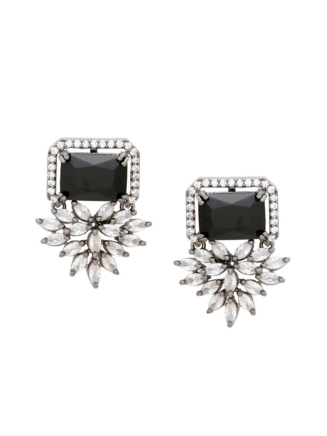 Shoshaa Silver-Plated & Black CZ Studded Contemporary Drop Earrings | Grab2Buy