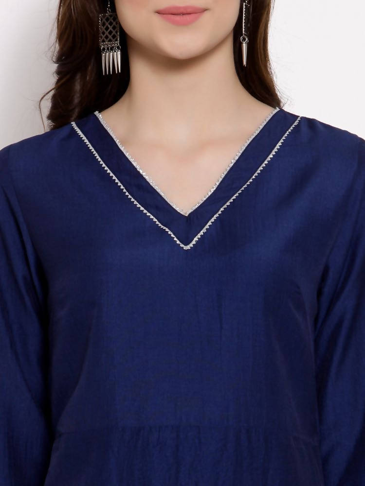 Myshka Women's Navy Blue Cotton 3/4 Sleeve V Neck Solid Casual Anarkali Kurta Dupatta Set | Grab2Buy