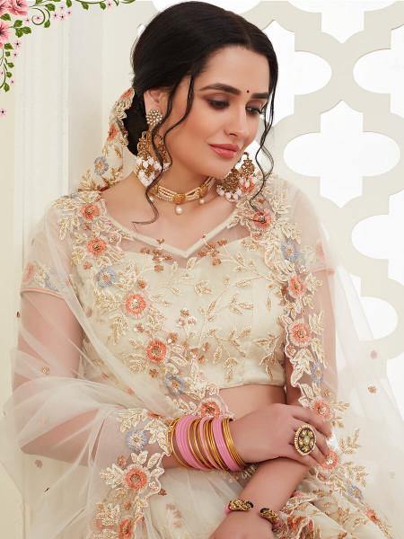 Myra Cream Heavy Embroidered Net Lehenga | Grab2Buy