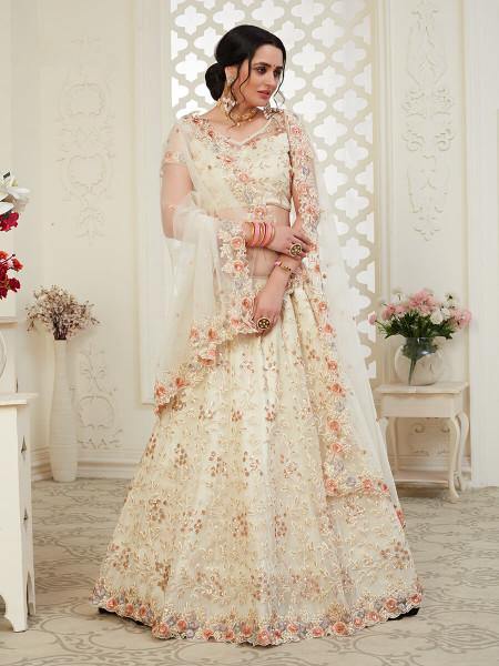 Myra Cream Heavy Embroidered Net Lehenga | Grab2Buy