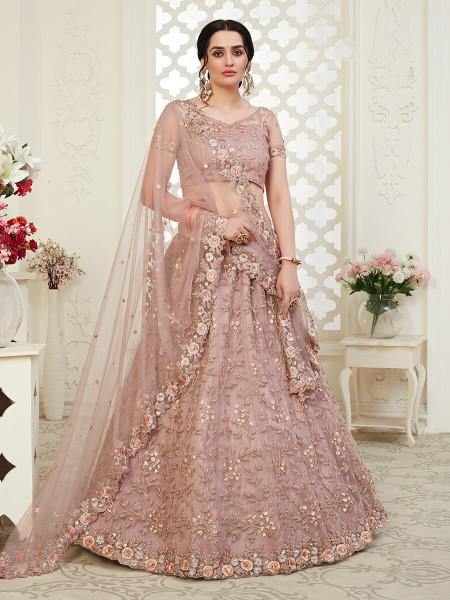 Myra Beautiful Dusty Pink Heavy Embroidered Net Lehenga | Grab2Buy