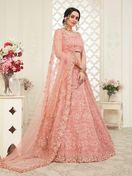 Myra Dusty Pink Heavy Embroidered Net Lehenga | Grab2Buy