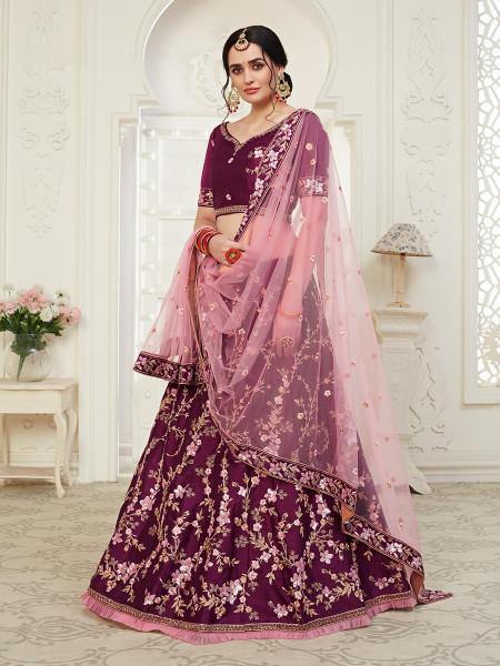 Myra Wine Mulberry Embroidered Lehenga | Grab2Buy