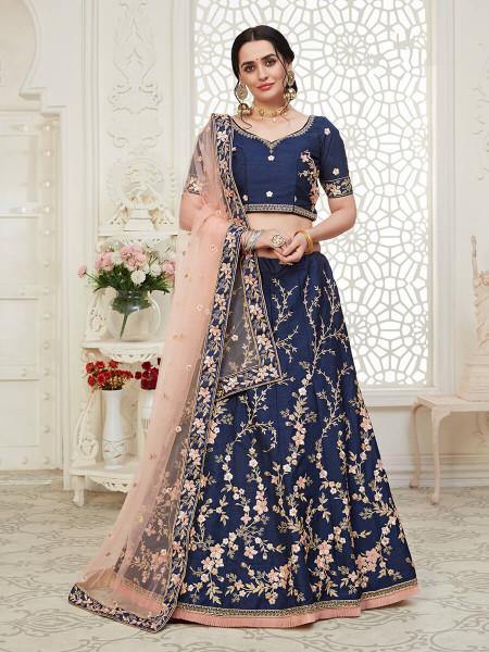 Myra Navy Blue Mulberry Embroidered Lehenga | Grab2Buy