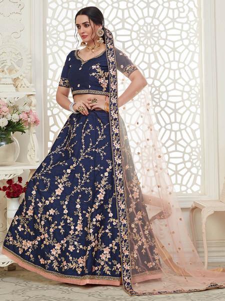 Myra Navy Blue Mulberry Embroidered Lehenga | Grab2Buy