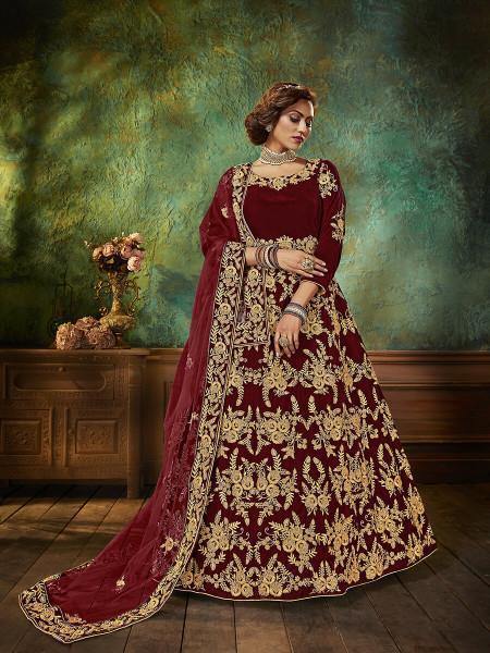 Myra Maroon Velvet Embroidered Anarkali Suit | Grab2Buy
