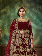 Myra Maroon Velvet Embroidered Anarkali Suit | Grab2Buy