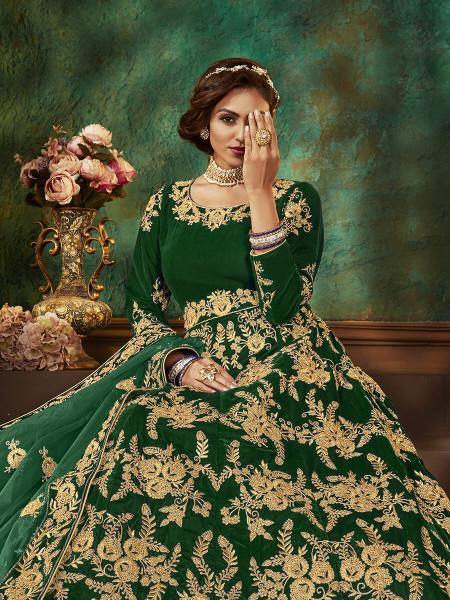 Myra Green Velvet Embroidered Anarkali Suit | Grab2Buy