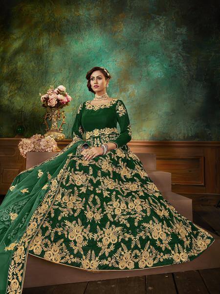 Myra Green Velvet Embroidered Anarkali Suit | Grab2Buy