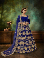 Myra Blue Velvet Embroidered Anarkali Suit | Grab2Buy