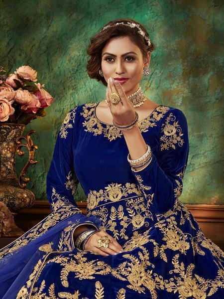 Myra Blue Velvet Embroidered Anarkali Suit | Grab2Buy