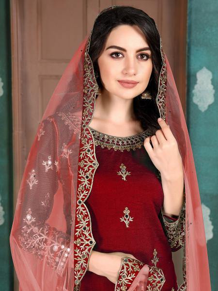 Myra Red Art Silk Embroidered Patiala Suit | Grab2Buy