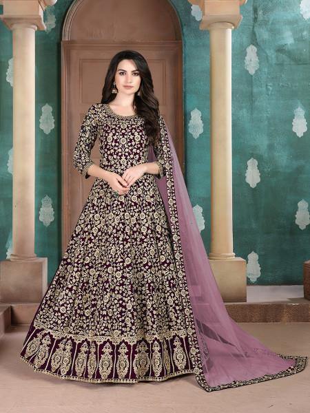 Myra Wine Georgette Embroidered Anarkali Suit | Grab2Buy