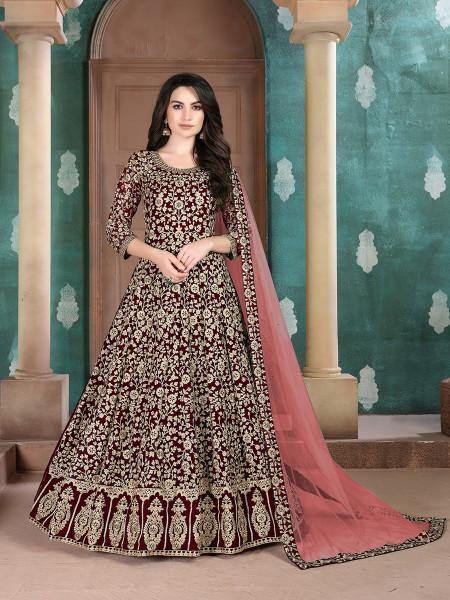 Myra Beautiful Maroon Georgette Embroidered Anarkali Suit | Grab2Buy