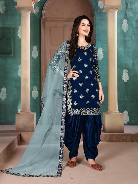 Myra Navy Blue Art Silk Embroidered Traditional Patiala Suit | Grab2Buy