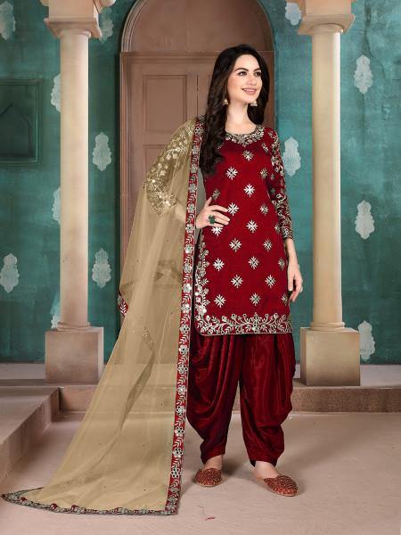 Myra Red Blue Art Silk Embroidered Patiala Suit | Grab2Buy