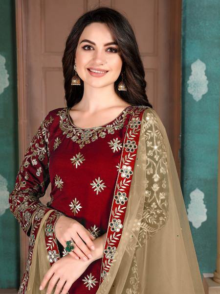 Myra Red Blue Art Silk Embroidered Patiala Suit | Grab2Buy