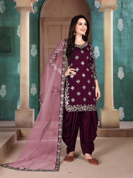 Myra Wine Art Silk Embroidered Patiala Suit | Grab2Buy