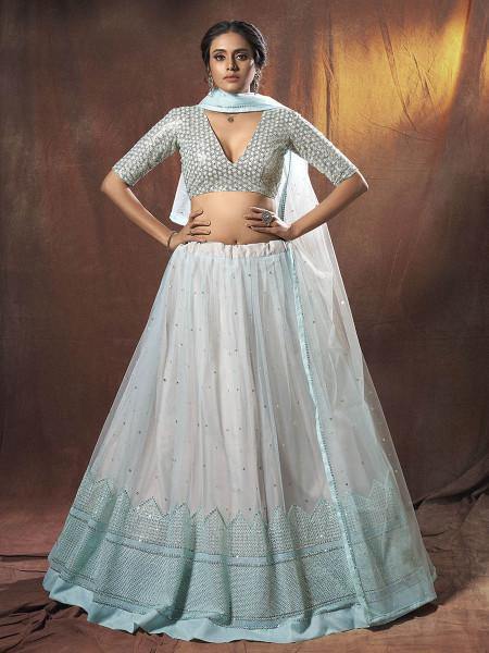 Myra Light Blue Embroidered Soft Net Lehenga | Grab2Buy