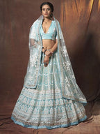 Myra Baby Blue Embroidered Soft Net Lehenga | Grab2Buy