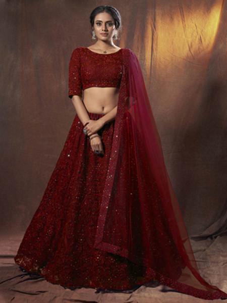 Myra Maroon Embroidered Soft Net Lehenga | Grab2Buy