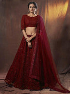 Myra Maroon Embroidered Soft Net Lehenga | Grab2Buy