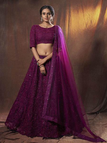 Myra Wine Embroidered Soft Net Lehenga | Grab2Buy