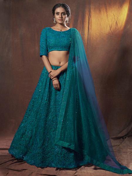 Myra Beautiful Rama Embroidered Soft Net Lehenga | Grab2Buy