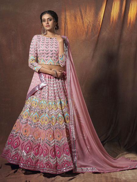 Myra Peach Embroidered Georgette Lehenga | Grab2Buy