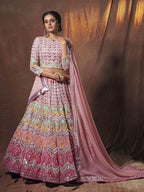 Myra Peach Embroidered Georgette Lehenga | Grab2Buy