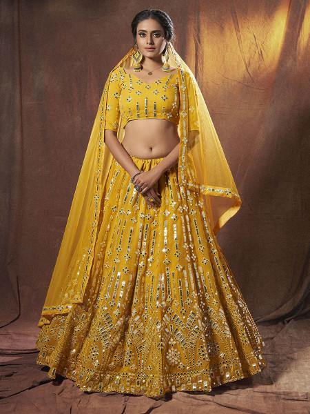 Myra Yellow Embroidered Georgette Lehenga | Grab2Buy
