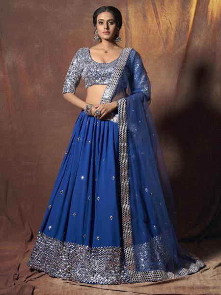 Myra Blue Embroidered Georgette Lehenga | Grab2Buy