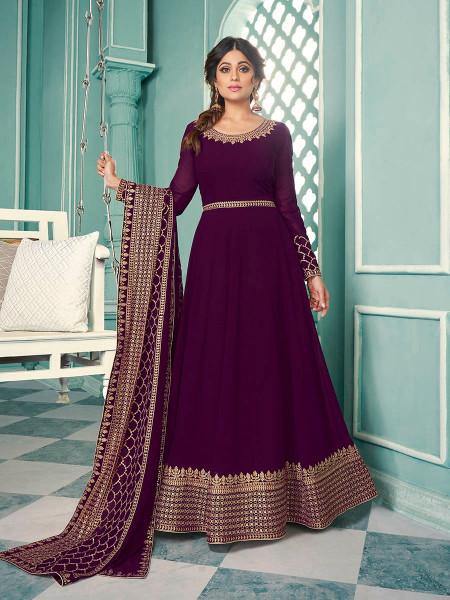 Myra Wine Embroidered Real Georgette Anarkali Suit | Grab2Buy