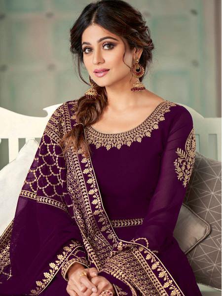 Myra Wine Embroidered Real Georgette Anarkali Suit | Grab2Buy
