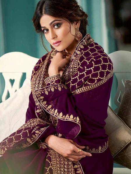 Myra Wine Embroidered Real Georgette Anarkali Suit | Grab2Buy