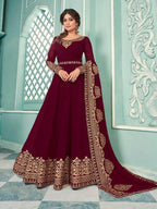 Myra Maroon Embroidered Real Georgette Anarkali Suit | Grab2Buy